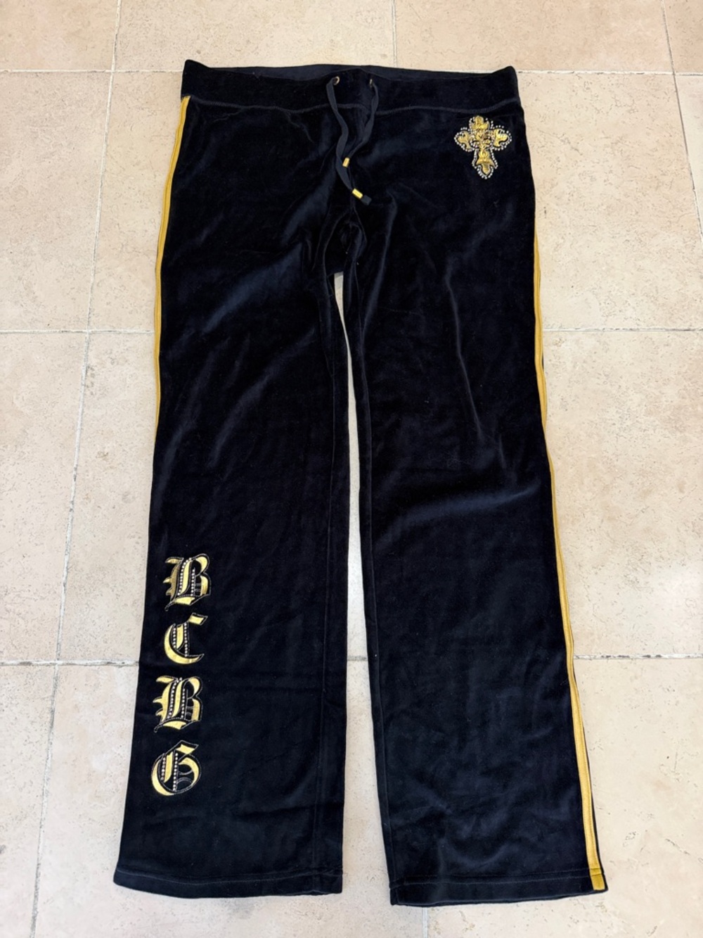 Vintage Y2K Track Set BCBG Black Velour Pants with Gold Gothic Lettering
